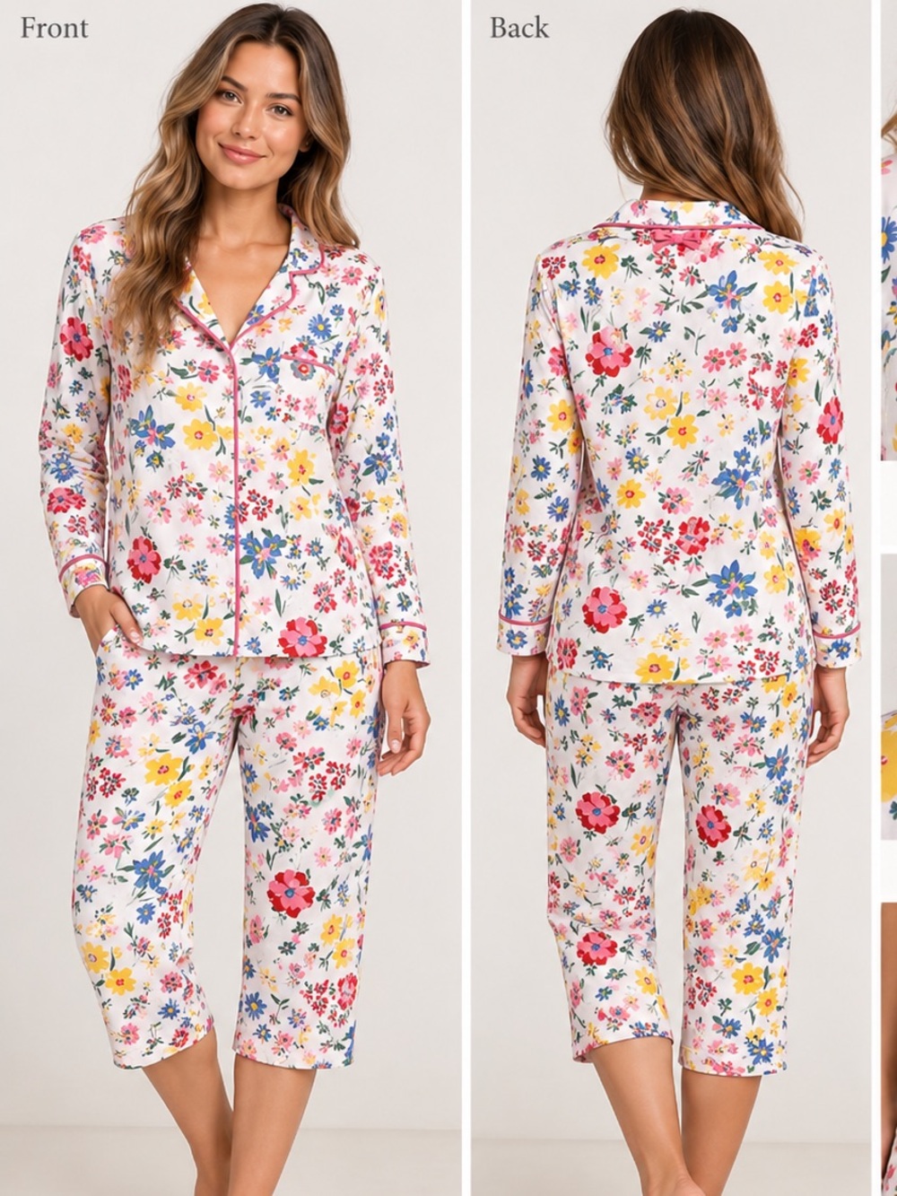 Kate Spade New York Floral Pajama Set XS Pink Piping 2 Piece Sleepwear